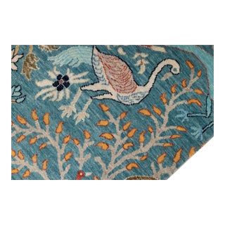 Blue Peacock Birds Garden Scene Soft Hand Knotted Hand Spun Wool Rug 3x5Ft. For Sale