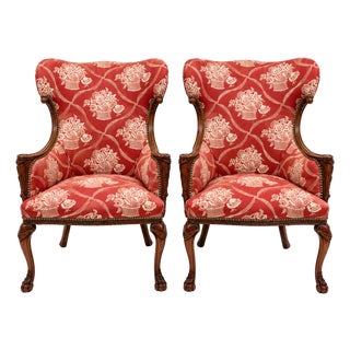 Antique French Carved Mahogany Wing Chairs in Schumacher Fabric, Pair For Sale