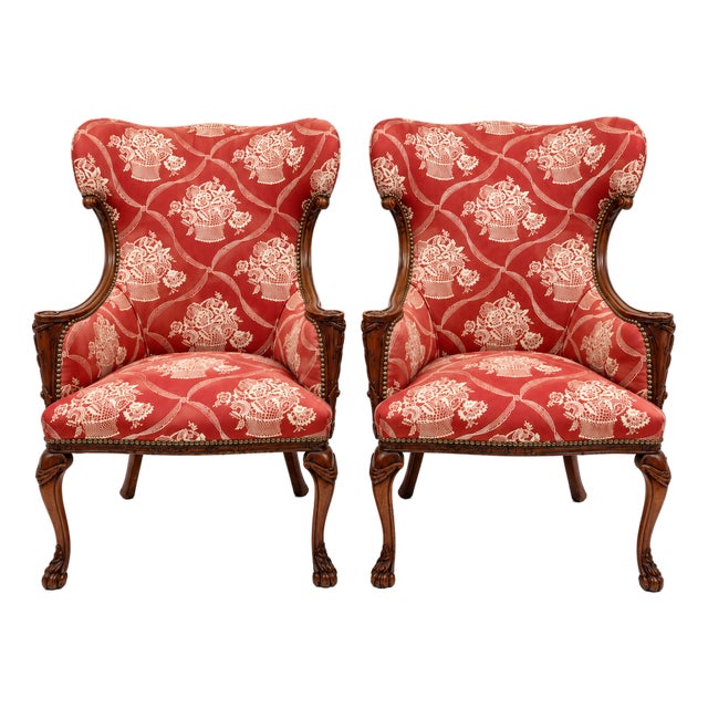 Antique French Carved Mahogany Wing Chairs in Schumacher Fabric, Pair For Sale