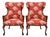 Antique French Carved Mahogany Wing Chairs in Schumacher Fabric, Pair For Sale