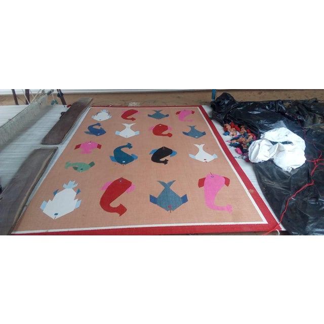 Handmade Cotton Vegetable Dyed Flat Weave Area Rug, Tan, Red Fish Patterned Dhurrie - 9'x12' For Sale - Image 15 of 16