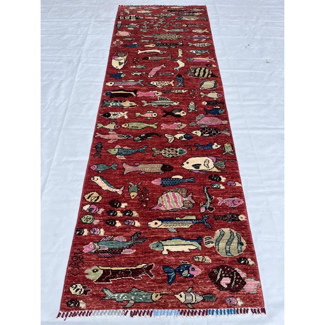 Hand-Knotted Pictorial Fish Runner on Red Ground, 2'8" X 8'0" For Sale - Image 6 of 9