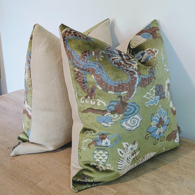 Chinoiserie Pierre Frey Wanly Pillows in Foret Green - Pair 22" For Sale - Image 3 of 9
