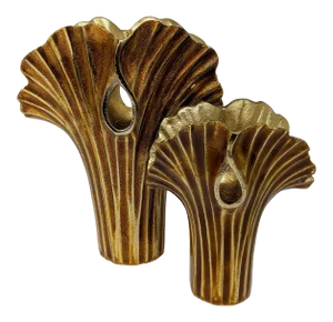 Modern Asian Metal and Enameled Ginkgo Leaf Decorative Vases - Set of Two (2)