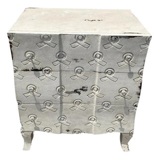 Late 20th Century Breast Cancer Awareness Ribbon 3 Drawer White Carved Wood Chest Nightstand For Sale