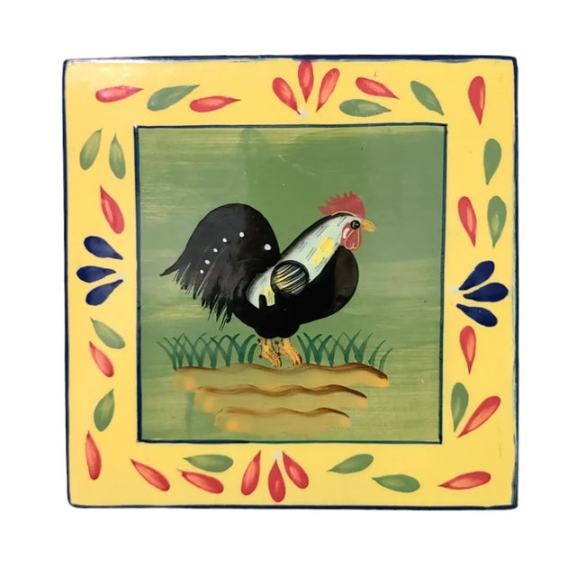 Late 20th Century Provence Baum Bros. Style Eyes Hand Painted Terra-Cotta Country Rooster Wall Hanging Trivet Tile For Sale - Image 9 of 9
