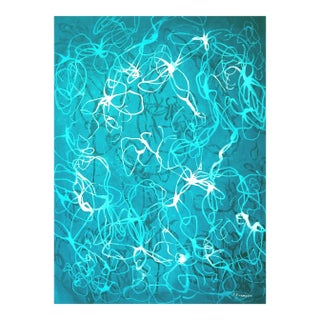 "Aqua Chiffon No. 2 - Compressed Veil" - Teal Abstract Acrylic Painting on Paper by Sara Richardson For Sale