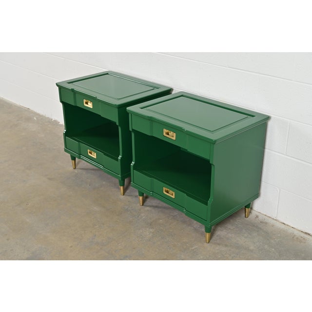 An exceptional pair of mid-century modern Hollywood Regency Campaign style nightstands By John Widdicomb USA, Circa 1960s...