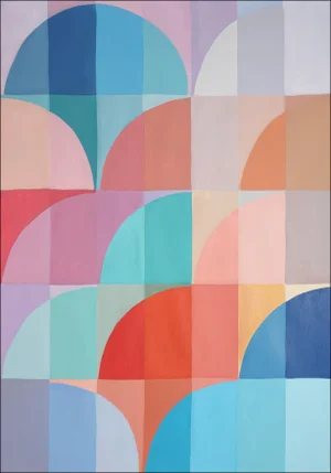 2025, Organic Bauhaus Geometry, Mauve and Turquoise Arches, Vivid Tones Patterns Grid, Acrylic Paint on Watercolor Paper by Natalia Roman