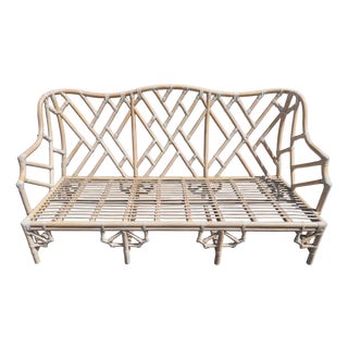 VTG Rattan Fretwork Sofa Hollywood Regency Grandmillenial Coastal Chippendale For Sale