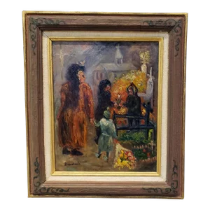 French Mid-Century Oil Painting Funeral Graveyard Scene Signed Durand Louis 1952