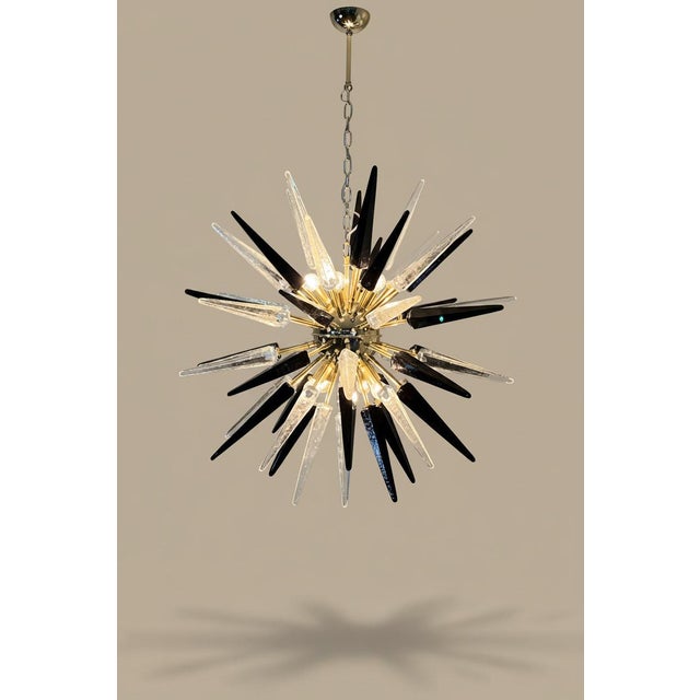 Mid-Century Modern Hand-Blown Murano Glass Sputnik Chandelier, 51 Clear and Black Tips, Brass Frame For Sale - Image 3 of 5
