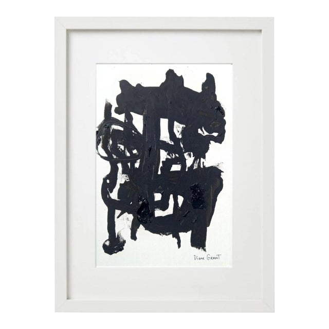 13.5" by 16.7" Black and White Abstraction #8 - One-of-a-Kind High-End White Wood Shadow Box Framed Original Painting / Robert Motherwell For Sale