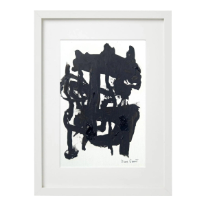 13.5" by 16.7" Black and White Abstraction #8 - One-of-a-Kind High-End White Wood Shadow Box Framed Original Painting / Robert Motherwell