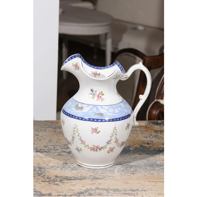 Vintage English Booth's China Pink Roses, Blue & White Pheasants Pitcher For Sale - Image 9 of 12