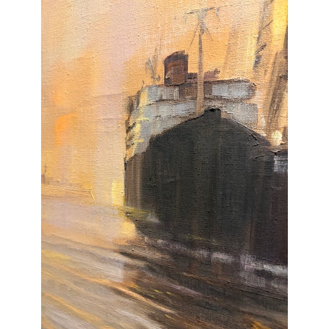Description: An atmospheric 1968 harbor painting signed by Petko Kadiev. A working boat crosses the foreground while...