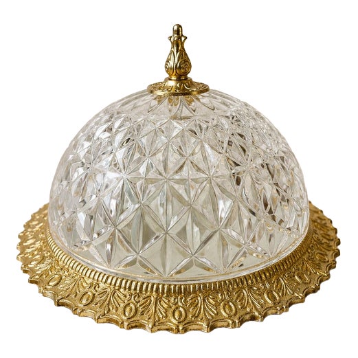 Vintage French Brass and Crystal Ceiling Lamp For Sale
