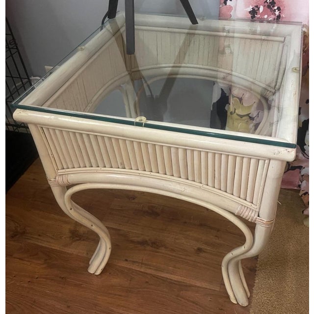 Vintage Ivory bamboo square shaped side table. Glass top.