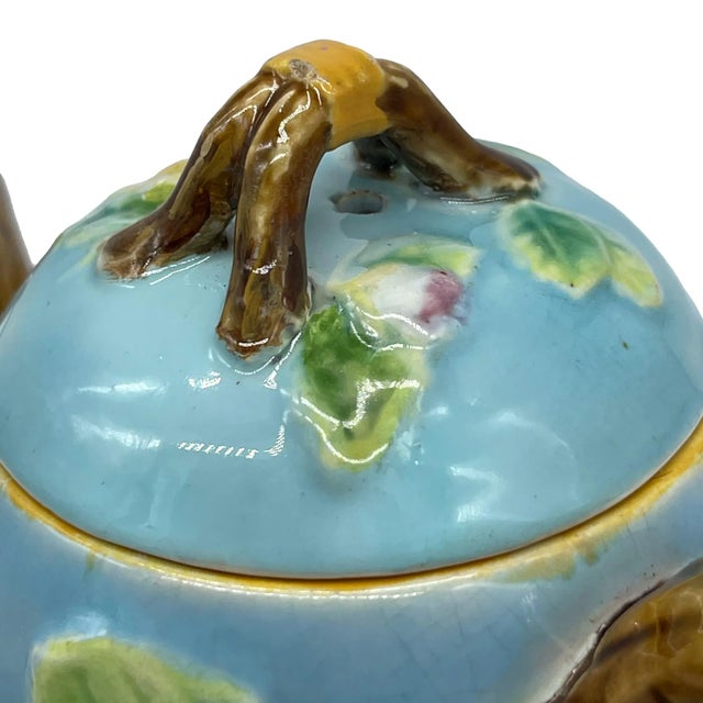 George Jones Majolica 'Apple Blossom' Teapot Basketweave on Turquoise, Ca. 1873 For Sale - Image 10 of 13
