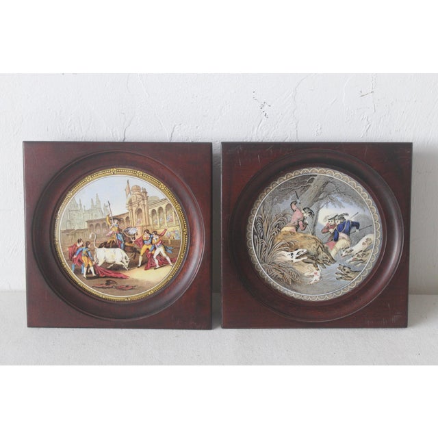 1940s Vintage Kirkhams Ltd. English Ceramic Plates Harwood Frames Bull Fight, the Boar Hunt Mid-Century- a Pair For Sale - Image 5 of 8