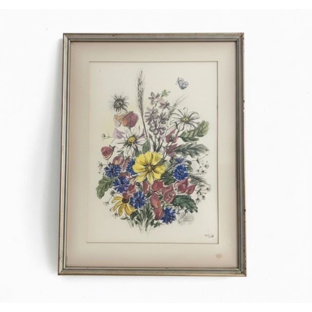 Charming vintage signed and numbered floral art print featuring a lush bouquet of colorful garden flowers. The composition...