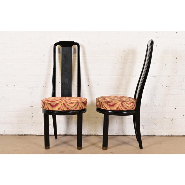 Henredon Hollywood Regency Chinoiserie Ebonized Walnut High Back Side Chairs or Dining Chairs, Pair For Sale - Image 10 of 14