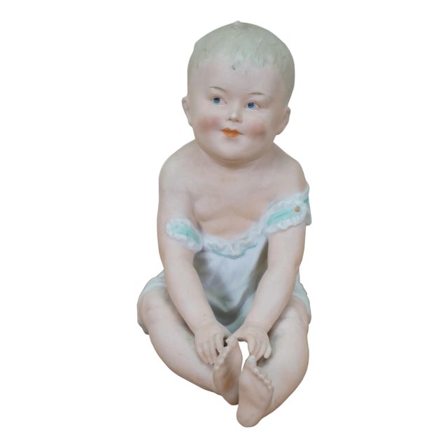 Antique German Gebruder Heubach Bisque Piano Baby Figurine Statue 9" For Sale