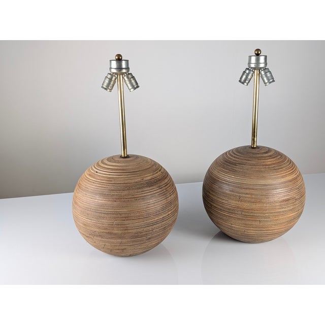 Brown Large Sphere Lamps in Laminated Wood, 1960s, Set of 2 For Sale - Image 8 of 12