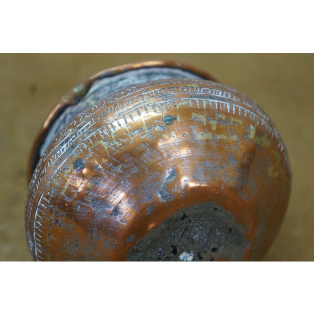 Vintage Middle Eastern Persian Etched Copper Covered Vessel & Open Pot For Sale - Image 11 of 14