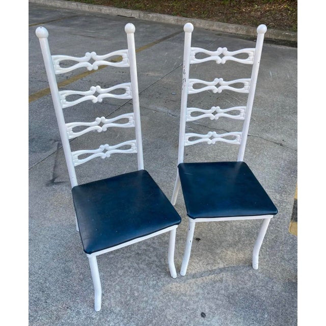 Pair of 1970s Italian Style White Metal Chairs With Navy Blue Leather Cushions For Sale In Atlanta - Image 6 of 8