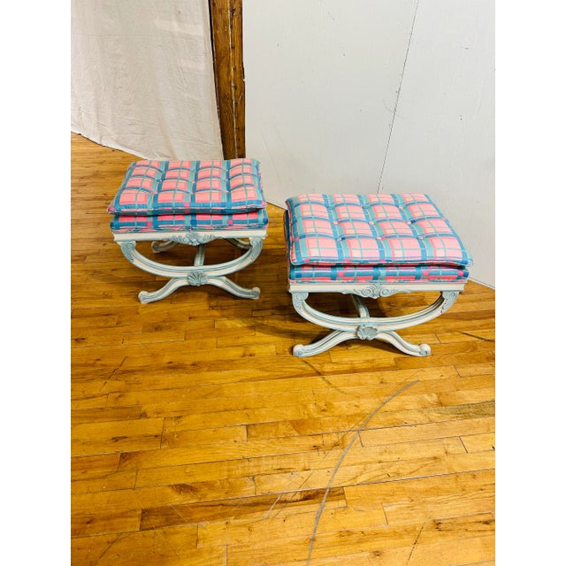 Vintage Coastal Painted Benches With Original Upholstery , a Pair For Sale - Image 4 of 7