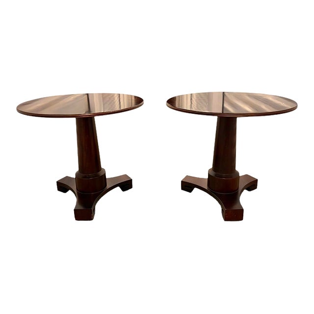 Thomas Pheasant for Baker Round Mahogany and Walnut Pedestal Side Tables - A Pair For Sale