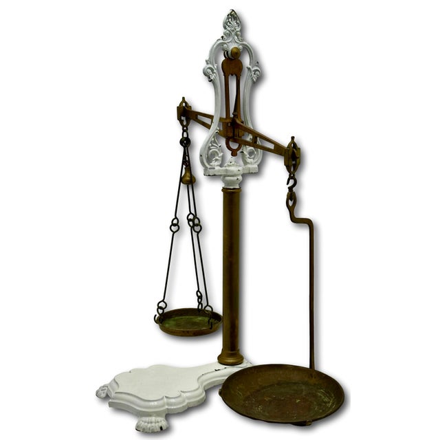 Metal Very Large Size Antique Brass & Enameled Cast Iron Manchester England Wholesale Poultry Sellers Scale - 34 Inches Tall For Sale - Image 7 of 18