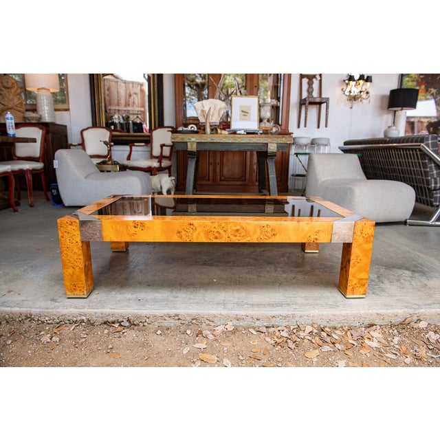 1970s Burl & Smoke Glass Coffee Table With Chrome Trim in the Style of Milo Baughman For Sale - Image 16 of 18
