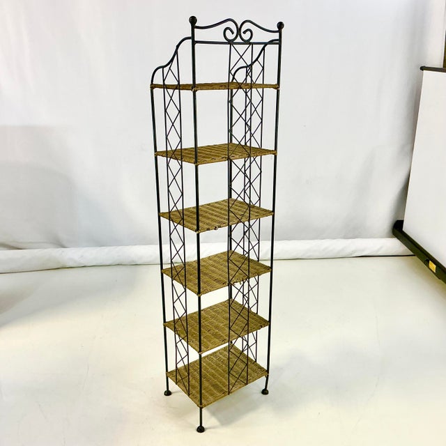 Mid-Century Boho Chic Arts & Crafts Metal and Wicker Slim Bookcase, 6 Tier For Sale - Image 13 of 18