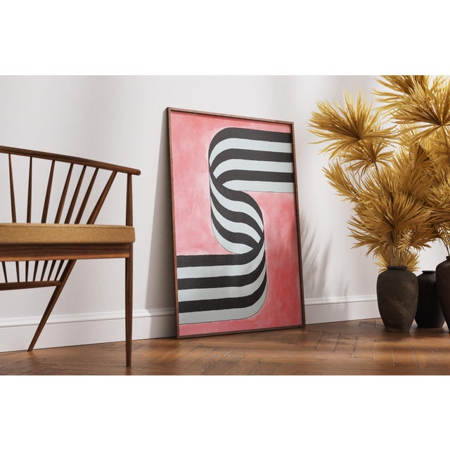 2026, Color Field Painting of Gray and Black Ribbon on Pink Background, Acrylic Paint on Watercolor Paper For Sale In Miami - Image 6 of 8