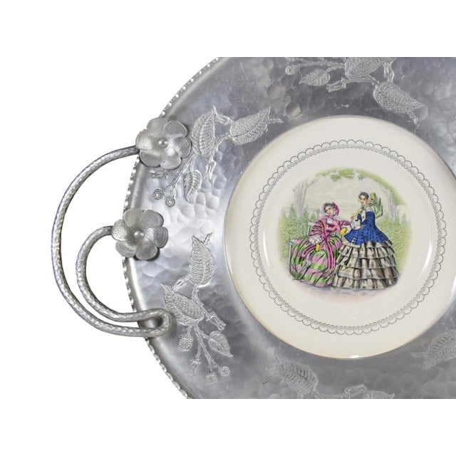 Victorian Hand Hammered Wrought Farberware Brooklyn Ny With Inserted China Plate Platter Tray For Sale - Image 4 of 11