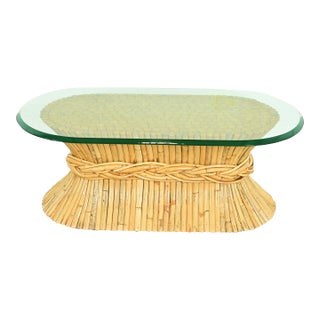 McGuire Hollywood Regency Organic Modern Bamboo Sheaf of Wheat Pedestal Coffee Table, Circa 1970s For Sale