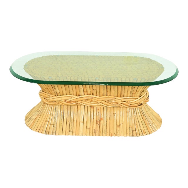 McGuire Hollywood Regency Organic Modern Bamboo Sheaf of Wheat Pedestal Coffee Table, Circa 1970s For Sale