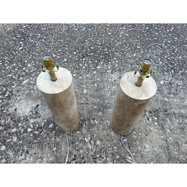 Stone 1970s Italian Modern Travertine Cylinder Lamps - a Pair For Sale - Image 7 of 9