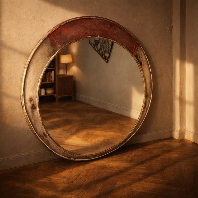 A large vintage round mirror with a bold presence, defined by its aged painted frame and visible patina. Its oversized...