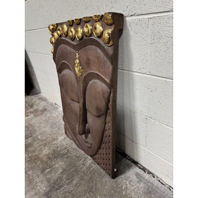Boho Chic Vintage Boho Carved Acacia Wood Buddha Head Panel For Sale - Image 3 of 9