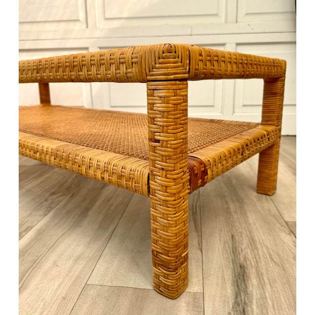 Mid-Century Two-Tier Woven Rattan & Cane Coffee Table With Glass Top For Sale - Image 9 of 15