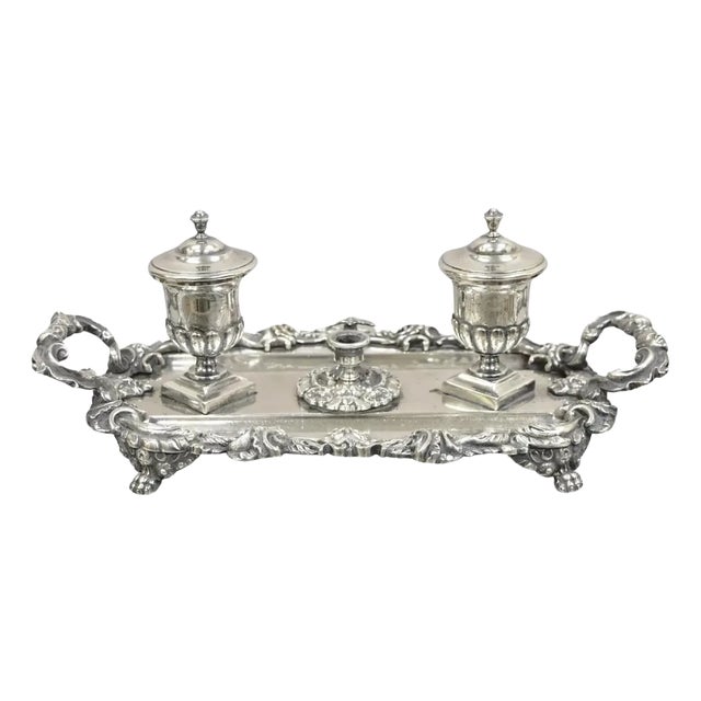 Vintage French Renaissance Silver Plated Figural Italian Inkstand Desk Inkwell For Sale