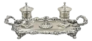 Vintage French Renaissance Silver Plated Figural Italian Inkstand Desk Inkwell