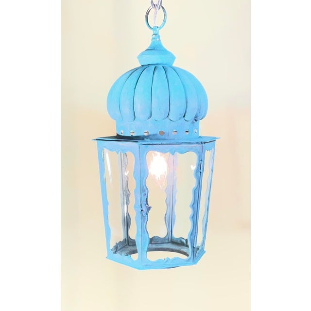 Turquoise Solid Brass Antique Hexagonal Hanging Lantern / Pendant Light - 19”h X 9”.5 W For Sale - Image 8 of 18
