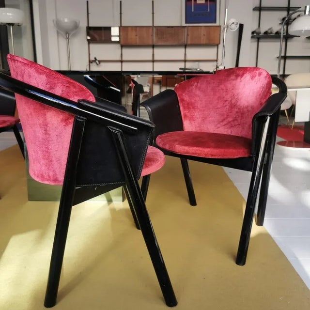 Wood Vintage Armchairs in Black Lacquered Wood & Leather from Verga & Pozzi, 1980s, Set of 4 For Sale - Image 7 of 11