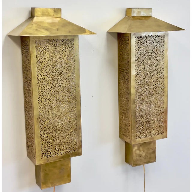 Art Deco Style Filigree Brass Wall Sconces or Lanterns, a Pair For Sale In New York - Image 6 of 12