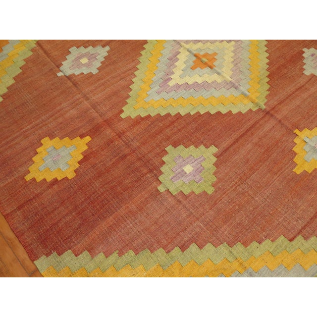 Contemporary Mid 20th Century Rusty Brown Yellow Lavender Green Turkish Kilim Room Size Rug For Sale - Image 3 of 6