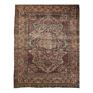 19th-Century Persian Kerman Lavar Area Rug, Handwoven Floral Pattern, Ivory & Red, 4’ X 5’ For Sale